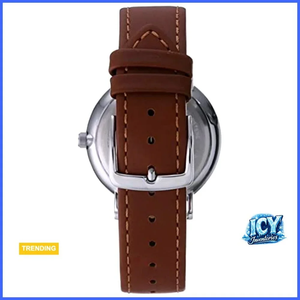 Silver-Tone Quartz Watch with Genuine Leather Strap, 41mm Case
